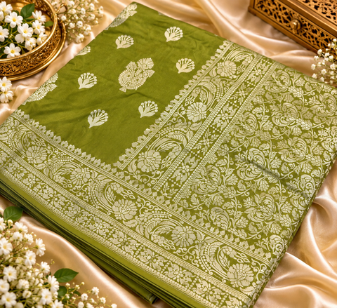 Luxuriously soft silk saree with a smooth, lightweight feel and beautifully flowy drape. Featuring rich woven zari floral motifs and an elegant detailed border .Blouse piece included. Slight variation in colour and design is possible.