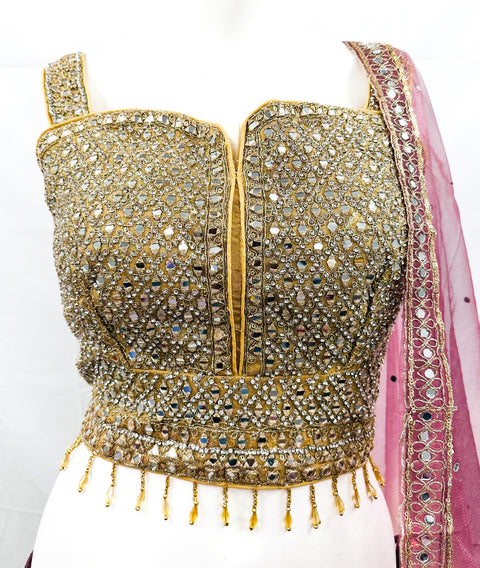 Mirror with stone work heavy hand work designer blouse with heavy mirror work multiflared lehnga & Dupatta