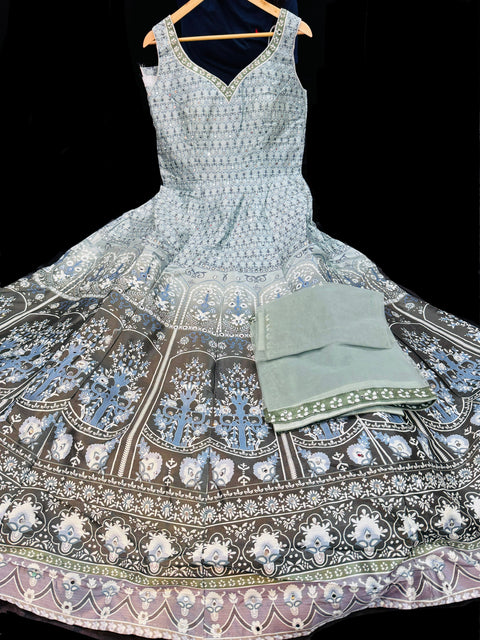 Silk based printed with Mirror work heavy flared gown and dupatta