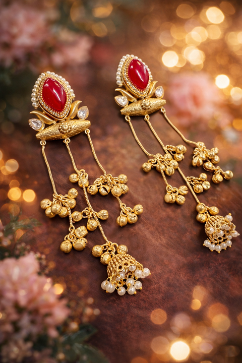 (Video Clip attached)Trending Kashmiri Earrings /Premium antique gold-look finish with delicate handcrafted detailing and hanging ghungroo chains for a graceful traditional look