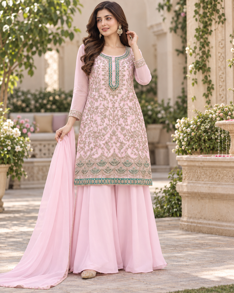 Georgette based beautiful embroidery and stone work kameez paired with a flowy georgette loose circular palazzo & dupatta . Slight variation in colour and design is possible.