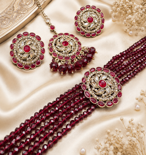 Jerkan fine stone with pearls beaded choker set with beautiful studs & tikka
