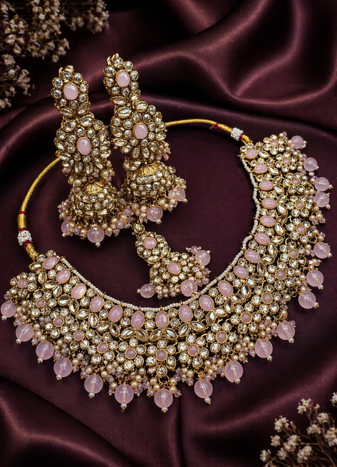 Polki stone with pearls beaded work beautiful necklace with jhumka and tikka set