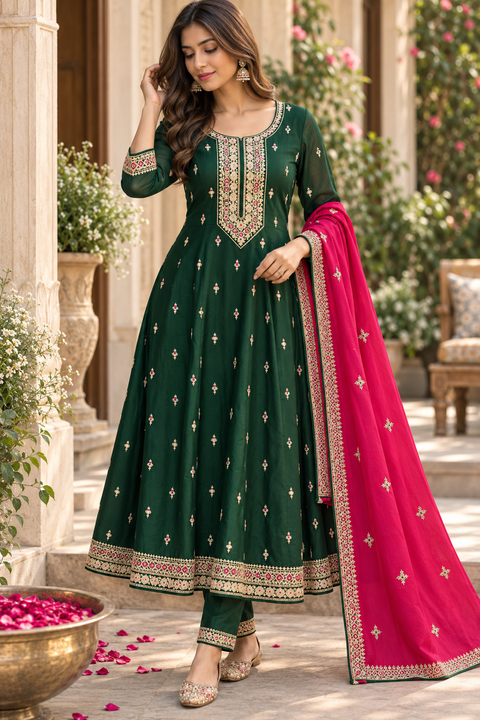Elegant flared Anarkali suit featuring delicate embroidery with all-over motifs, matching pants and a contrast hot pink dupatta with embroidered border.Slight variation in colour and design is possible