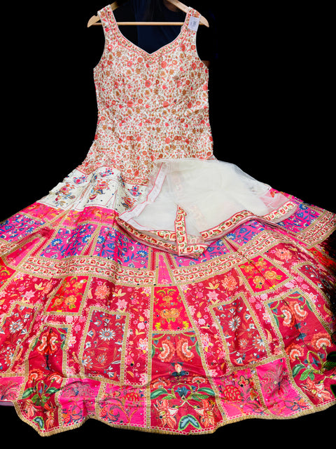 Silk based printed with Mirror work heavy flared gown and dupatta