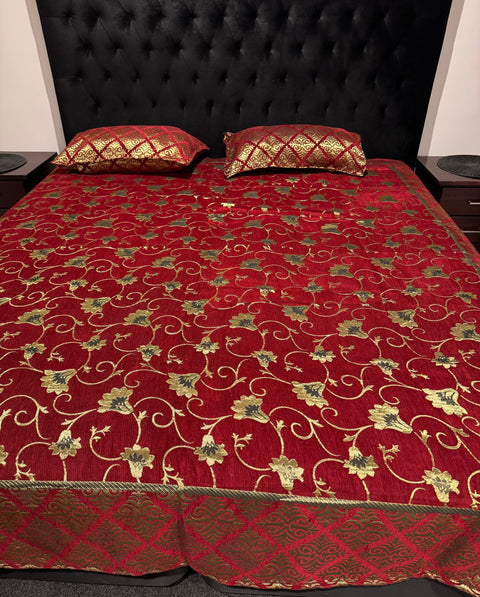 Roses Print Velvet golden zari Work Bed Sheet (275cm x 265cm)king size King Size Bedsheet With Double Pillow Cover