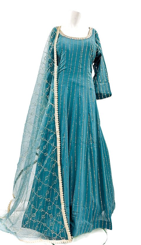 Georgette Based Mukaish Work Gown with netting based Sequinned work Dupatta