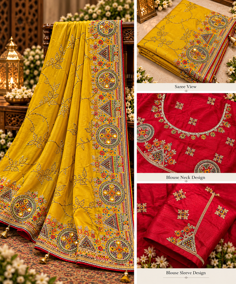Shimmery Jimmy Choo Fabric Saree with a soft, flowy drape, all-over embroidery and stonework with a rich statement border. Comes with a contrast blouse piece attached; model blouse is for reference only. Slight variation in colour & design may occur