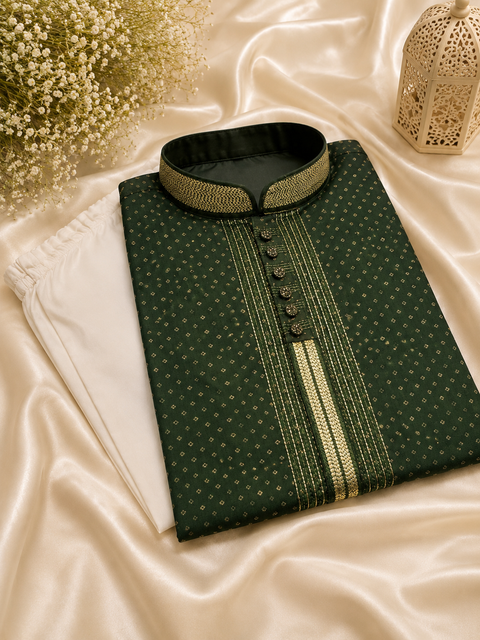 Mehndi green colour silk based all over embroidered mens kurta with Cream golden colour pajama pants (slight variation in color and design is possible )