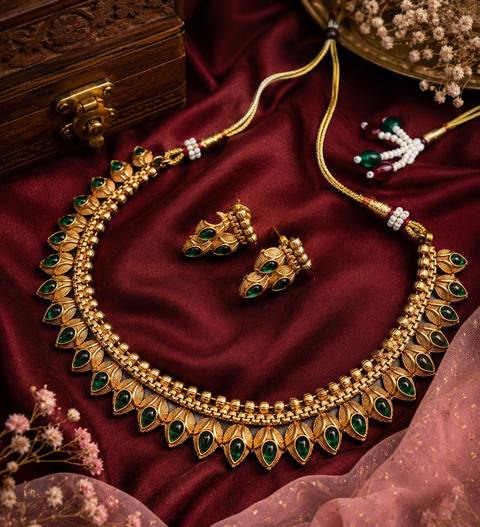 Mat look antique gold traditional necklace set with pearls and kundan work