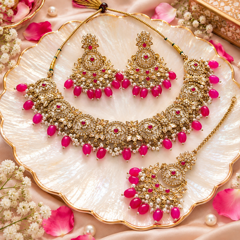 Beautiful polki stones with pearls and colorful stones necklace & earrings with Tikka. Slight variations in colour and design are possible
