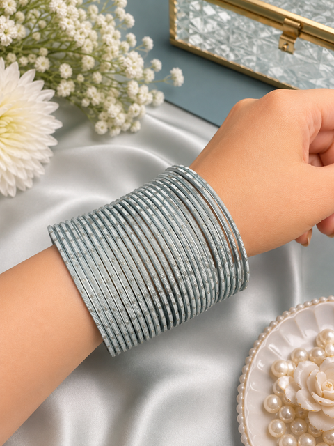 Silver Shimmer dotted metal bangles 2 dozen in 1 Set (slight variation in color & design may occur)
