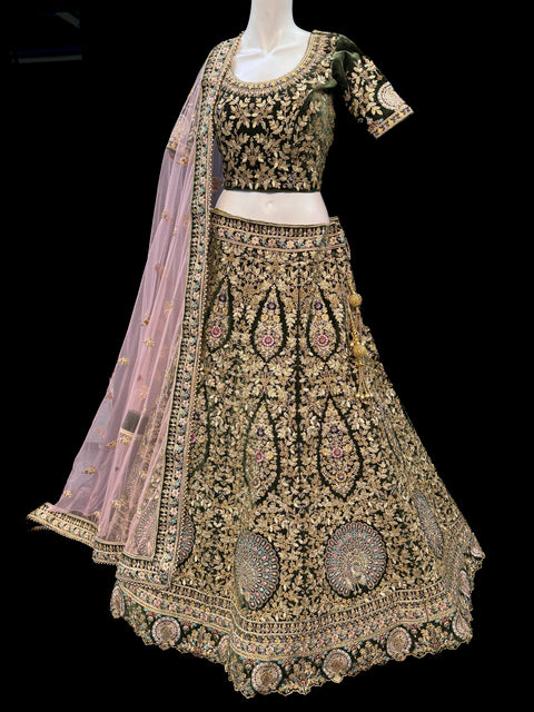 (Clip attached S-40(44))Green colour velvet based beautiful embroidery work with heavy squined & stones work very heavy 3 layered ken ken super heavy Designer Bridal Lehnga with heavy tessels attached to blouse & Lehnga & heavy work lace beaded dupatta