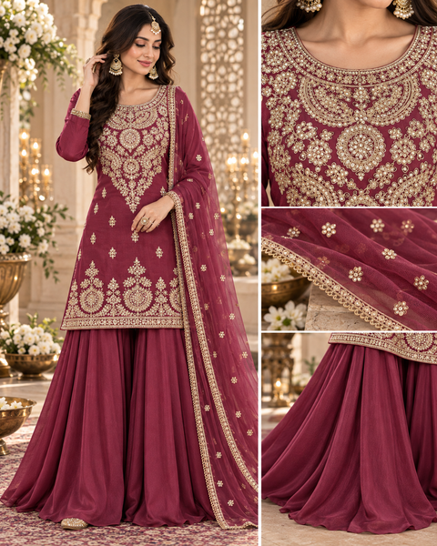 Elegant Chanderi Silk suit featuring all-over heavy embroidery and mirror work with a beautifully detailed neckline. Paired with a heavily embroidered palazzo and a gorgeous matching dupatta .Slight variation may ofcolour & design is possible