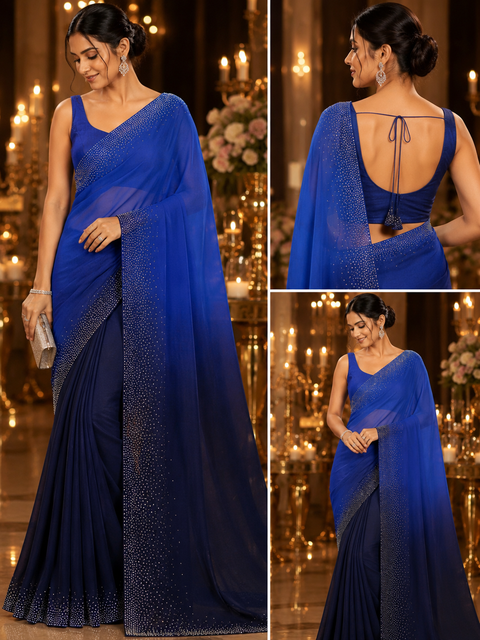 Soft Silky Poly Crepe Saree with elegant stone work border. Comes with matching blouse piece. Lightweight with a soft, flowy drape and subtle sheen. the blouse worn by model is for reference purpose. Slight variation in color & design is possible.