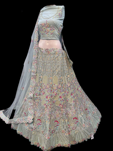 (Video clip attached ) Netting Based Beautiful Heavy Embroidered Peacock Design & Sequined With Stone Work Heavy Ken Ken Big Flare Stitched Lehnga & Blouse With Attached Tessels & Heavy Lace Border Beaded Work Dupatta