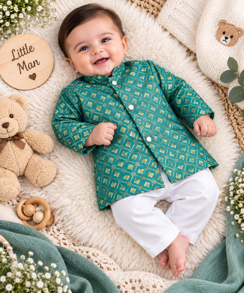 Adorable Brocade Silk Newborn Kurta Pajama Set with soft inner lining, easy front-open kurta and matching elasticated pajama for comfortable wear.Kurta L 35 cm,Chest 25 cm,Sleeve 24 cm,Pajama L 33 cm. Slight variation in colour & design may occur
