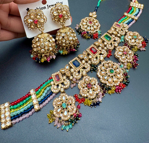 Original Polki stone with pearls beaded work beautiful necklace with jhumka and tikka set