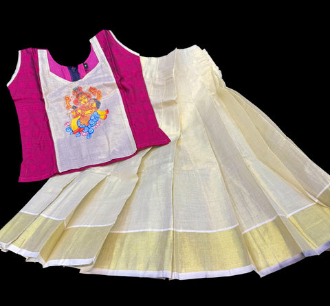 Gold Tissue based kids (Girls)Onam Special blouse and Skirt set