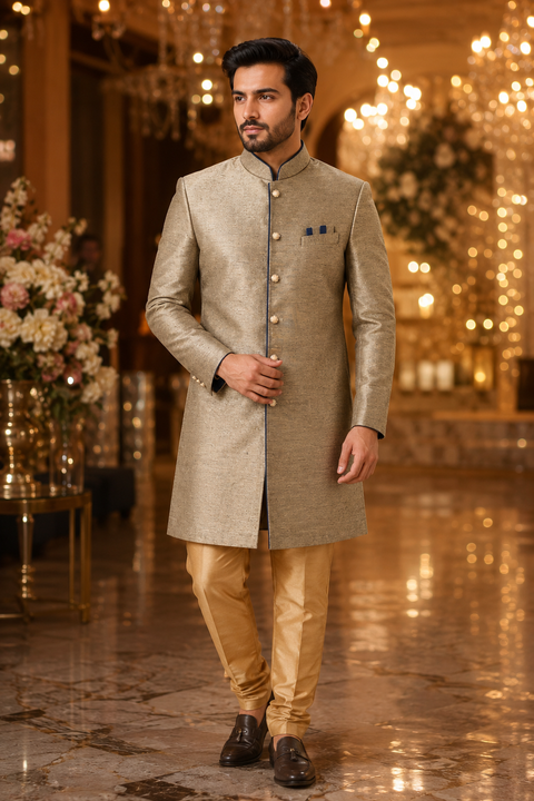 Elegant champagne gold sherwani with a sleek minimalist design and refined detailing, perfect for weddings, receptions, and festive occasions. Slight variation in color and design may occur.