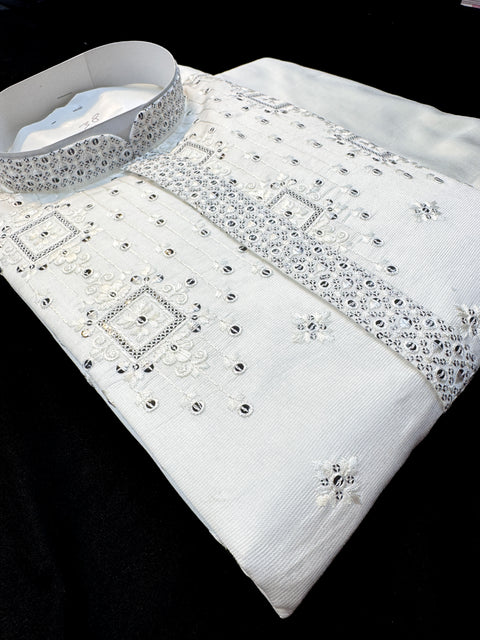 Malmal Rayon based very soft beautiful embroidery work at front and back & on sleeves with sequins work designer Kurta & Pajama