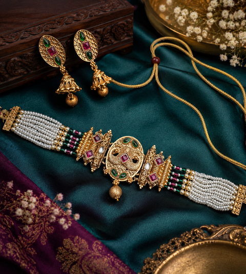 Mat look antique gold traditional necklace set with pearls and kundan work