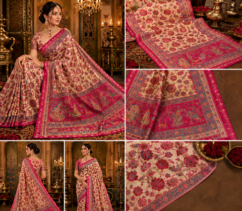 Kashmiri Kalamkari Inspired Soft Silk Saree with vibrant multicolour weaving and an elegant contrast pallu for a rich, timeless look.Blouse piece attached. Model image for reference only. Slight variation in colour and design may occur.