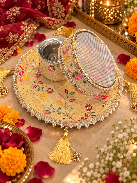 Beautiful embroidered Karwa Chauth Thali Set with floral work, pearl detailing and golden tassels, including matching thali, channi and kalash. Slight variation in colour and design is possible.