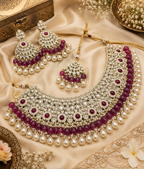 Kundan studded & pearls work designer heavy work Necklace set with beautiful Earrings & Tikka