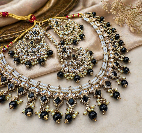 Original Polki stone with pearls beaded work beautiful necklace with jhumka and tikka set