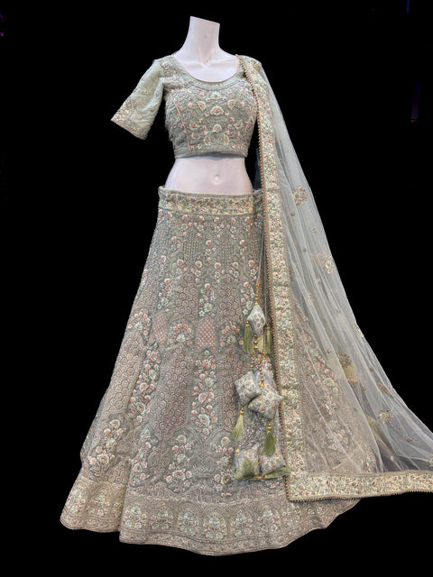 (Video clip attached) SIZE 40 (UPTO 44) Pastel Mint colour heavy embroidery with stone work fully heavy flared beautiful designer Readymade lehnga with very heavy embroidered dupatta