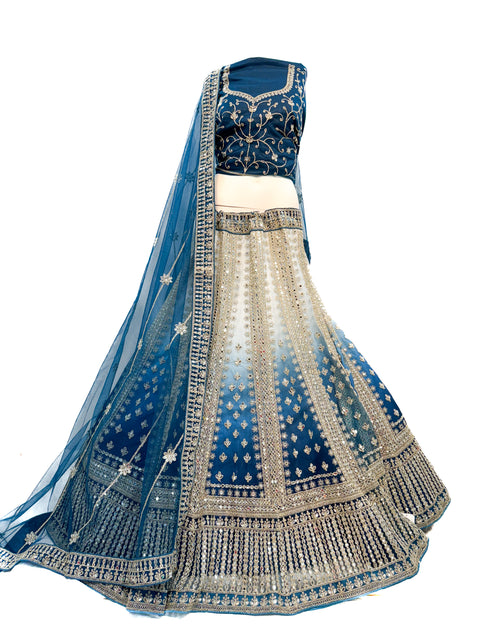 Original mirrors work Heavy Ken ken flared two toned shades netting based designer lehnga with heavy handwork blouse and Dupatta (video clip attached for reference )