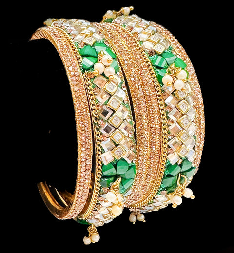 Beautiful fine stone with Crystal stone and pearls hanging designer Brass Bangles set (Sample picture attached at end to show it can be customised with plain Velvet or Metal Bangles)