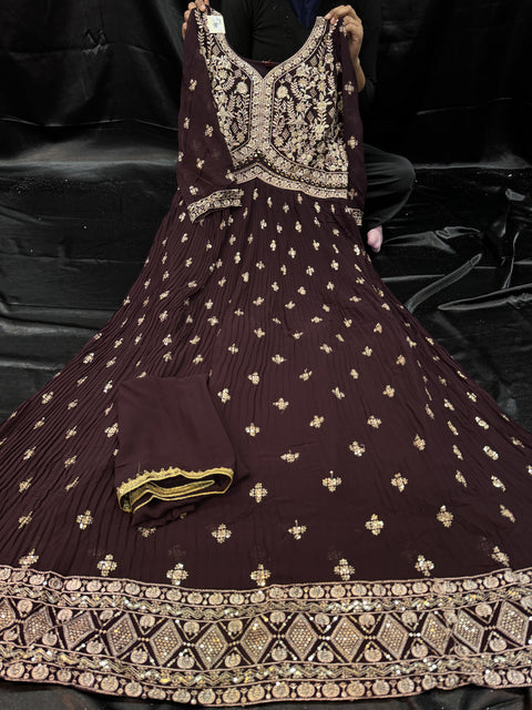 Georgette Based Embroidery With Sequined Work Designer Flared Kameez /Gown With Tights And Georgette Based Embroidery Work Dupatta