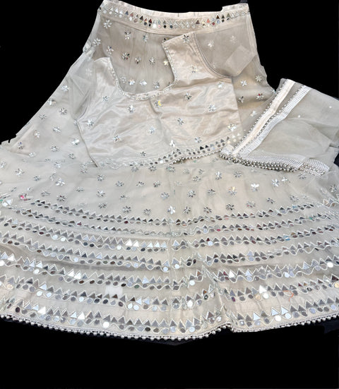 Pastel dusty grey colour beautiful original mirror work lehnga & blouse with moti lace beautiful dupatta