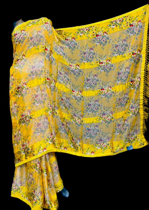 Pure Georgette based with netting design in floral print soft saree with stone work