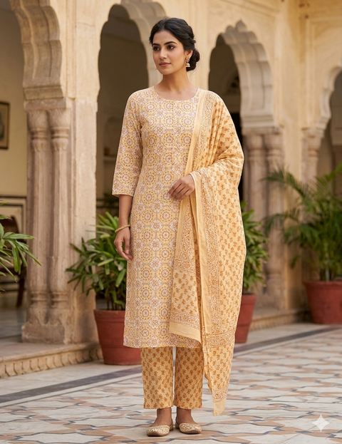 Size 38 Cotton Rayon Based  Embroidery Printed Kurti With Plazo pants & Dupatta