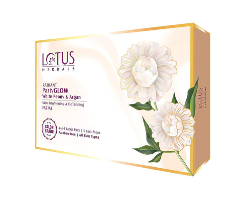 Lotus Herbals Radiant Party Glow White Peony & Argan Oil Skin Brightening, Detanning Facial Kit, 5 Easy Steps, Paraben Free, Salon Grade, All Skin Types...