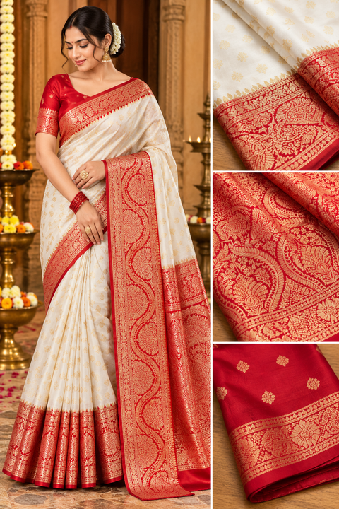 Soft & glossy crepe silk saree with a smooth, lightweight feel and beautifully flowy drape. Featuring rich woven zari floral motifs and an elegant detailed border .Blouse piece included. Slight variation in colour and design is possible.