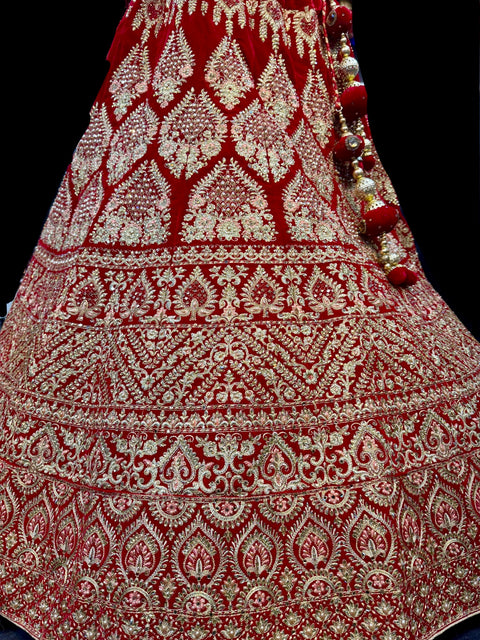 (Video clip attach)Dark Red colour velvet based lehnga with heavy handwork with stones & embroidery work fully heavy flared beautiful designer Readymade Bridal lehnga with very heavy embroidered netting dupatta (heavy latkans attached ) unstitched lehnga