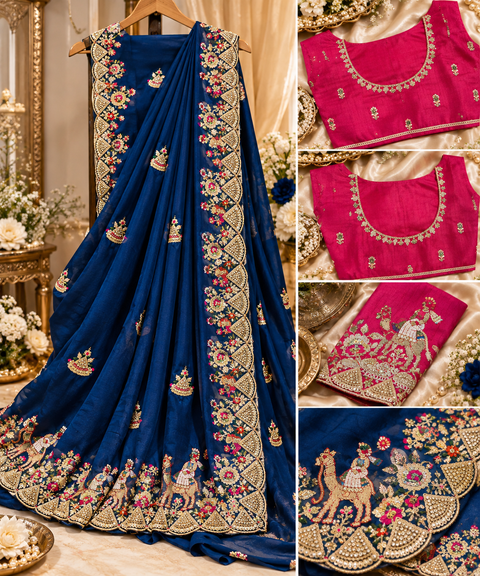 Elegant soft saree featuring intricate traditional figure and floral handwork with a rich scalloped border for a festive statement look. Attached blouse piece included; model blouse is for reference only. Slight variation in colour and design is possible.