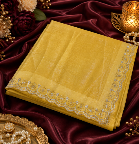 Shimmery Jimmy Choo Style Saree with a delicate handwork border and graceful flowy drape. Comes with a matching blouse piece; the blouse worn by the model is for reference purposes only. Slight variation in color and design may occur.