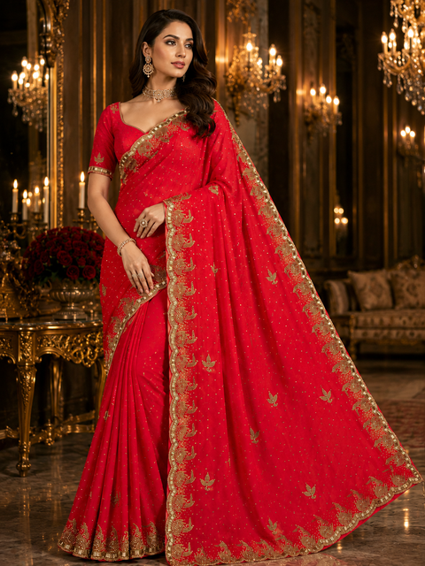 Elegant Handwork Saree featuring intricate stone work and detailed craftsmanship throughout. Comes with an attached matching blouse piece. Model blouse is for reference purpose only. Slight colour and design variations may occur.