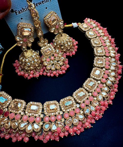 Polki stone with pearls beaded work beautiful necklace with jhumka and tikka set