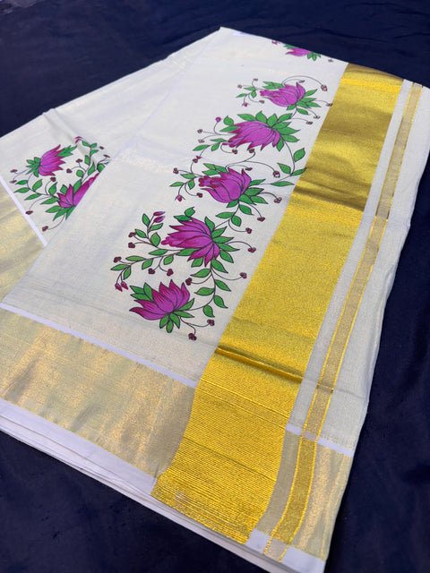 KERALA Gold Tissue SAREE WITH BEAUTIFUL FLORAL PRINT