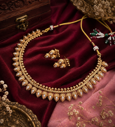 Mat look antique gold traditional necklace set with pearls and kundan work