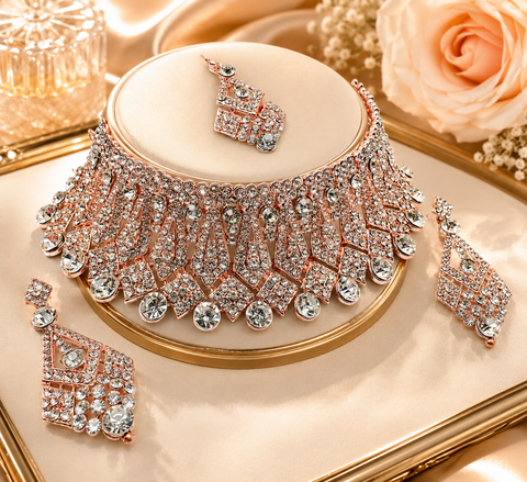Rosegold & Silver Jerkan Stone Beautiful Necklace Set(slight variation in color and design is possible )
