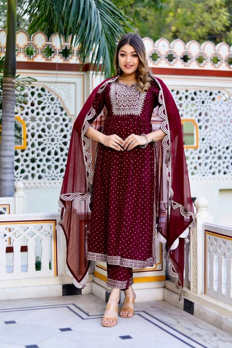 Cotton Rayon based printed work with mirror design flare kurti with plazo pant & Pure chiffon dupatta with lace border