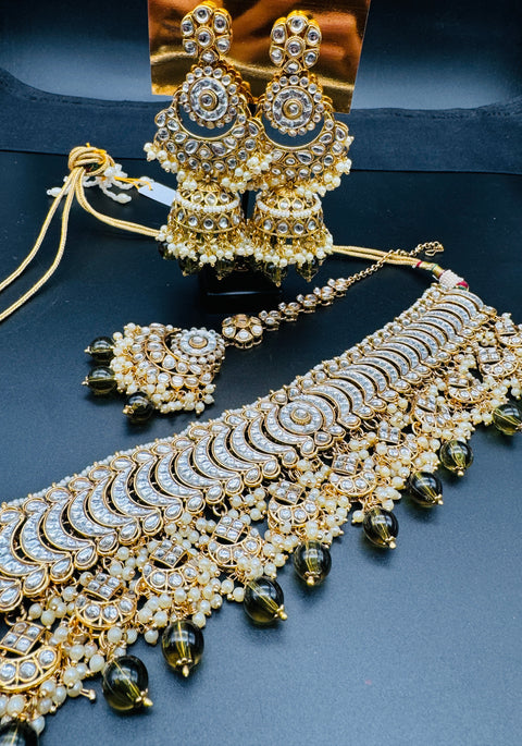 Kundan with pearls work beautiful heavy work choker necklace with designer Jhumka Earrings and Tikka
