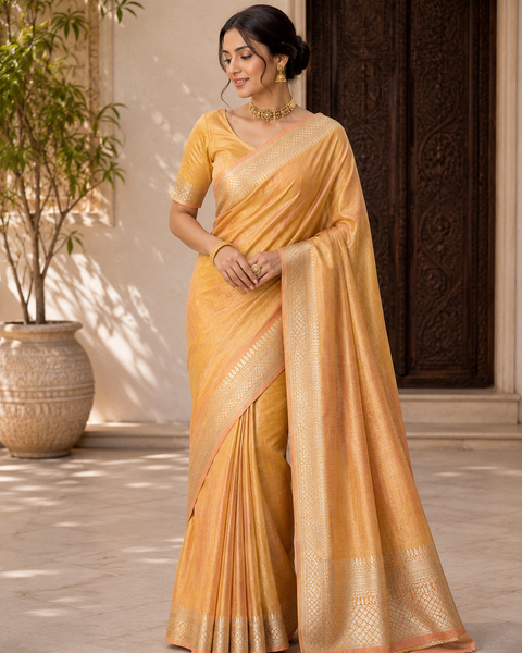 Soft Silk Tissue Saree with Dual Tone Metallic Finish .Model-worn blouse is for reference only. Unstitched blouse piece is attached with saree(slight variation in color & design is possible)